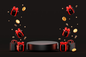 Black friday podium with gift box and coin for product sale banner presentation platform 3d background
