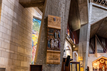 Religious decoration on top floor pillar of the Church of the Annunciation in the Nazareth city in northern Israel