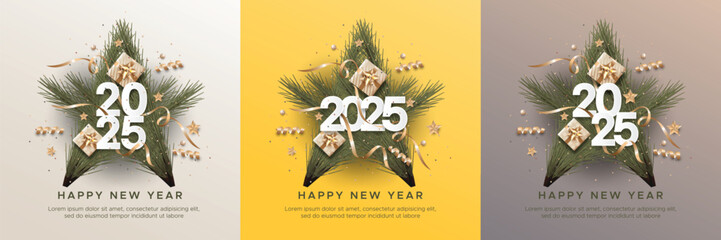 Happy New Year 2025. Festive realistic decoration 2025 new year and Christmas background