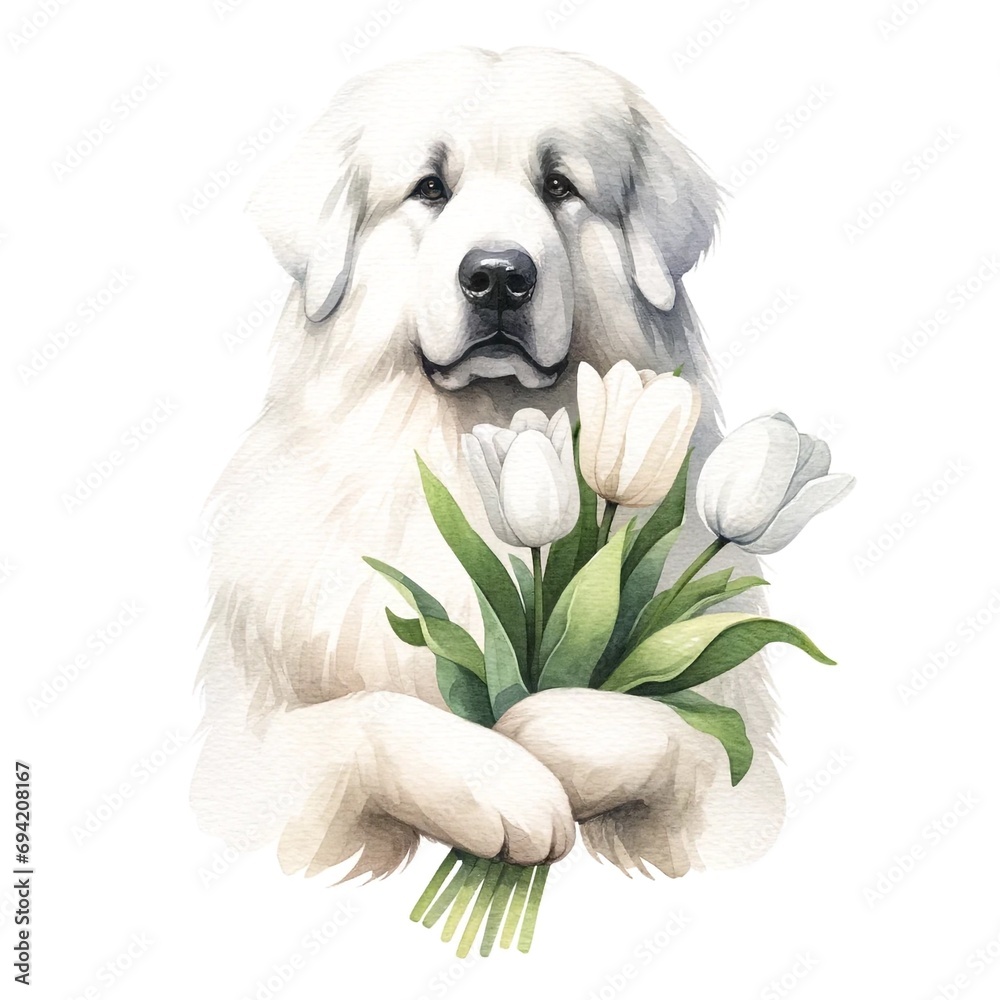 Aufkleber great pyrenees holdig bouquet of white tulips created with generative ai technology