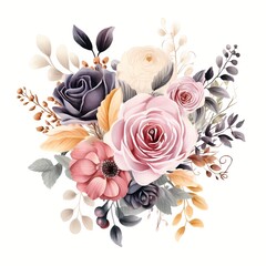 Set watercolor elements of roses, hydrangea.collection garden pink flowers, leaves, branches, Botanic illustration isolated on white background