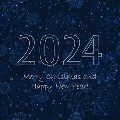 2024 happy new year. merry christmas. white text on blue winter repetitive background with snowflakes. vector illustration. festive template on seamless pattern for greeting card, banner, invitation