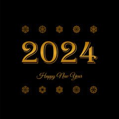 2024 happy new year. gold text and snowflakes on black background. vector image. design element for greeting card, banner, invitation, sign, postcard, vignette, flyer. template, concept