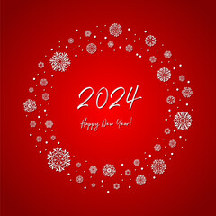 2024 happy new year. white text on red gradient with snowflakes frame. vector illustration. design template for greeting card, banner, invitation
