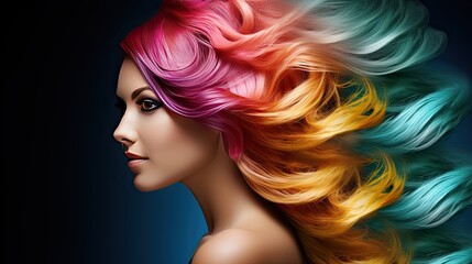 Fototapeta premium Portrait of a young beautiful woman with bright and colorful hairstyle, showing individuality and creativity. Generative AI