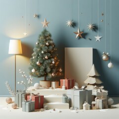 Merry Christmas and Happy New Year. Christmas tree, gifts and decorations. 3d render