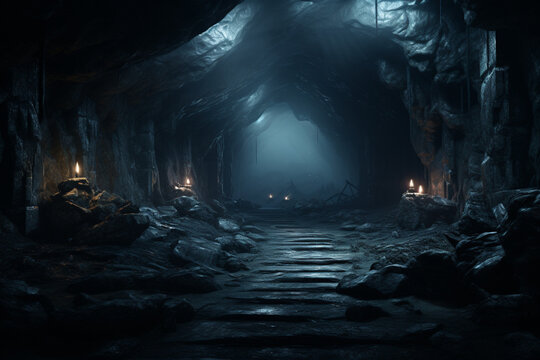 cave in the forest night dark view and candle burn in the dark cave