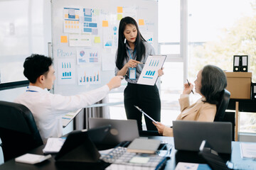Business team discuss at meeting room. working together with laptop ,tablet and smart phone on desk Financial accountant at office