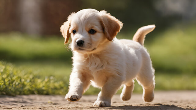 golden retriever puppy on the lawn background,Sunny Day, Young Animal, Furry Pals