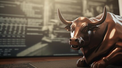 A bronze charging bull sculpture is a symbol for financial power and success in stocks market.  - obrazy, fototapety, plakaty