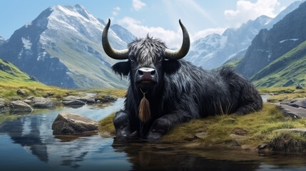 Black yak in the lake in the mountains. Generative AI - obrazy, fototapety, plakaty