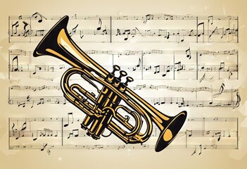Naklejka premium Cartoon musical fest announcement, party show promotion advertisement with vintage trumpet instrument and notes melody poster. Jazz 