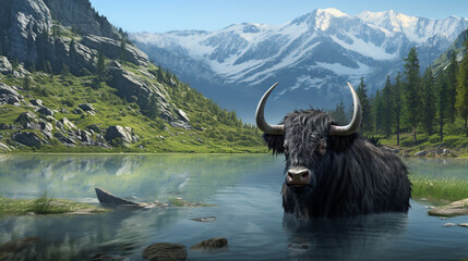 Black yak in the lake in the mountains. Generative AI - obrazy, fototapety, plakaty