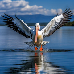 Fototapeta na wymiar Bird landing to the blue lake water. Bird fly. Dalmatian pelican, Pelecanus crispus. Generative AI