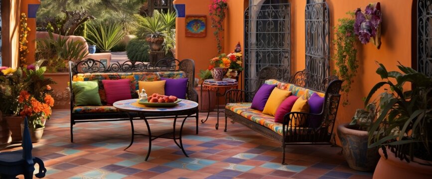 Craft an image of an Algerian-inspired patio with vibrant tiles, wrought iron furniture, and colorful cushions, bringing the energy of North Africa outdoors.