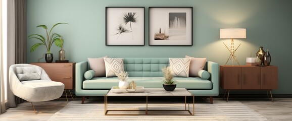 Craft an inviting living room with a modern mint sofa, wooden console, and elegant accessories, creating a stylish home decor with a cube, coffee table, lamp, and mock-up poster frame.