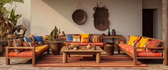 Design an Angolan outdoor terrace with wooden furniture, tribal prints, and vibrant textiles, capturing the essence of Angola's diverse cultural influences.