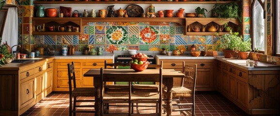 Craft an image of an Albanian-inspired kitchen with vibrant mosaic tiles, rustic wooden furniture, and traditional patterns, embracing Albania's cultural heritage. - obrazy, fototapety, plakaty