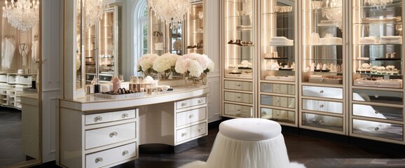 Craft an image of a chic dressing room with a mirrored vanity, crystal drawer pulls, and custom-built closet space, radiating glamour.