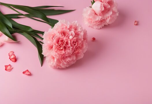 Design concept of Mother's day holiday greeting with carnation bouquet on pink table background stock photoMother's Day, Flower, Backgrounds, - Flat Lay