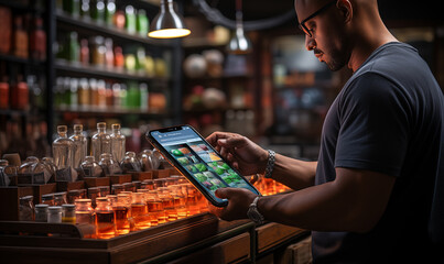 Man using a tablet computer at the bar counter in a coffee shop.