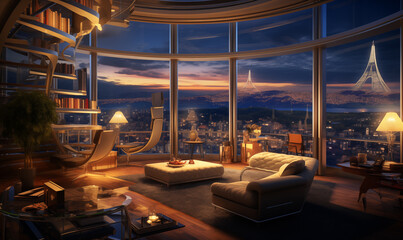 Fototapeta premium Interior of a modern living room with a large window overlooking the city. 3D rendering.