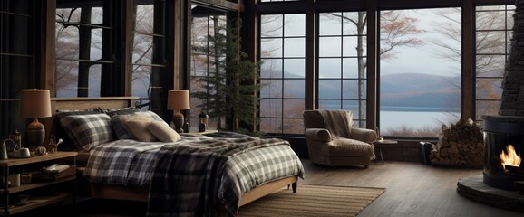 Design a Canadian bedroom scene with natural materials, plaid patterns, and large windows to embrace the surrounding nature.