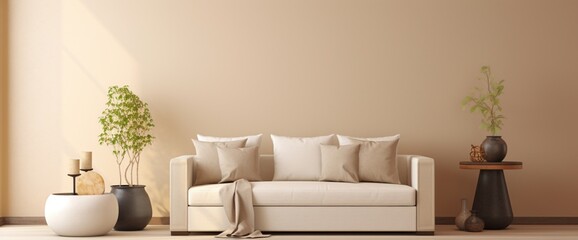 Craft a minimalist living room template with a beige sofa, side table, leaf in a vase, and pouf, adorned with elegant accessories, set against a chic beige wall for a timeless home decor.