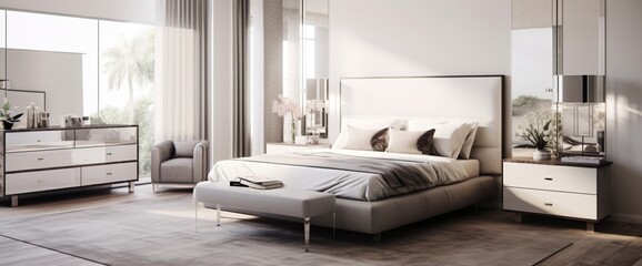 Create a sleek, minimalist bedroom adorned with chrome and glass elements, where contemporary design meets elegance.