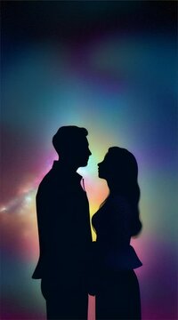 silhouette of a loving couple with space background