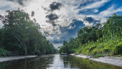 The river flows through a protected rainforest. A boat with tourists moored to the shore. Thickets...
