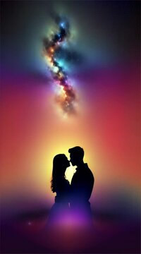 silhouette of a loving couple with galaxy background