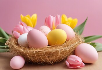 Fototapeta na wymiar Easter - Decorated Eggs In Nest With Pink Tulips Yellow Background stock photoEaster, Backgrounds, Egg, Basket, Web Banner