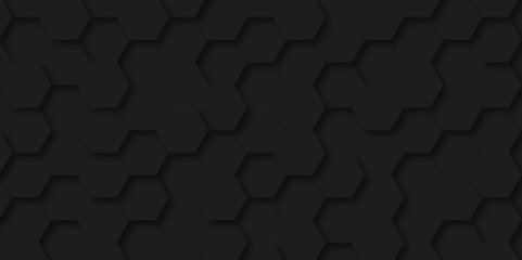 Abstract Black Hexagons Background. Seamless Pattern with Hexagonal. Futuristic Honeycomb Mosaic Background. - obrazy, fototapety, plakaty