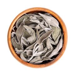 Dried sage leaves, in a wooden bowl. Common sage, Salvia officinalis. Grayish green herb with...