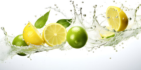  lime with water splash. fresh Limes pieces in water splash, isolated on white background. AI Generative.