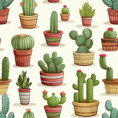 Seamless Pattern of Cute Cactus Doodle
