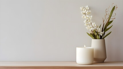 An aromatic candle and a small bouquet in a white vase on a light background