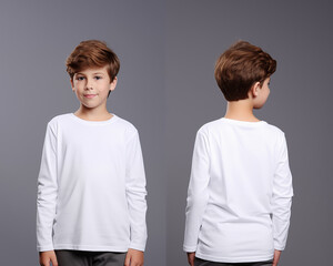 Front and back views of a little boy wearing a white long-sleeve T-shirt