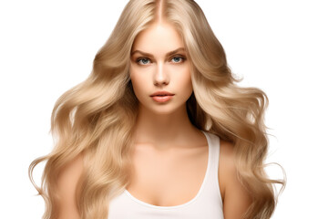 Naklejka premium stock image of a Young beautiful blonde Model with body wave hair bundles isolated white background
