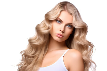 Fototapeta premium stock image of a Young beautiful blonde Model with body wave hair bundles isolated white background