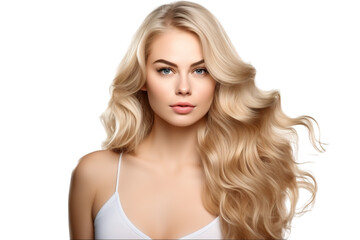stock image of a Young beautiful blonde Model with body wave hair bundles isolated white background - obrazy, fototapety, plakaty