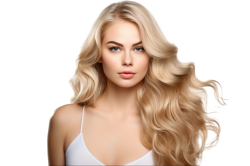 stock image of a Young beautiful blonde Model with body wave hair bundles isolated white background