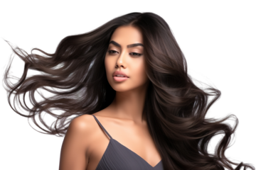 stock image of a Young beautiful black hair Model with body wave hair bundles isolated white background