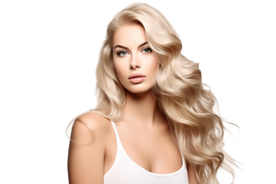 stock image of a Young beautiful blonde Model with body wave hair bundles isolated white background