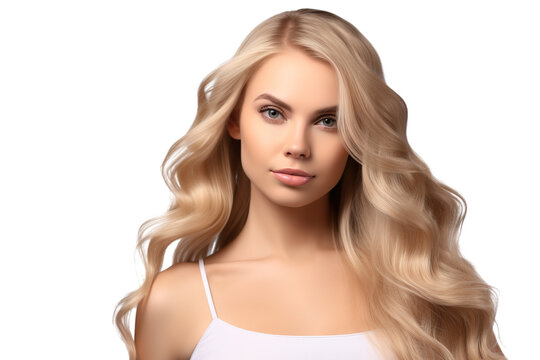 stock image of a Young beautiful blonde Model with body wave hair bundles isolated white background