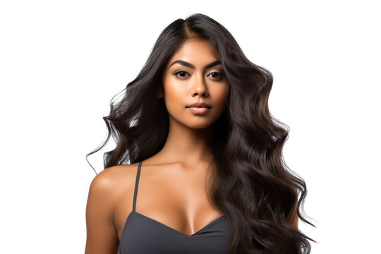 stock image of a Young beautiful black hair Model with body wave hair bundles isolated white background