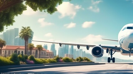 travel airplane landing in beautiful city cinematic wallpaper - obrazy, fototapety, plakaty
