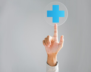 Health, medicine, and insurance safeguard family business. Hand touches plus icon, spotlighting...