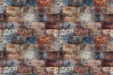 Naklejka premium Abstract composition of weathered, colorful bricks creates a rustic urban tapestry.